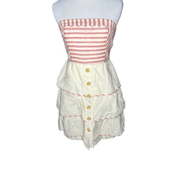 Maeve‎ Anthropologie Women's Strapless Linen Striped Layered Ruffle Dress Sz 0 - Picture 1 of 5